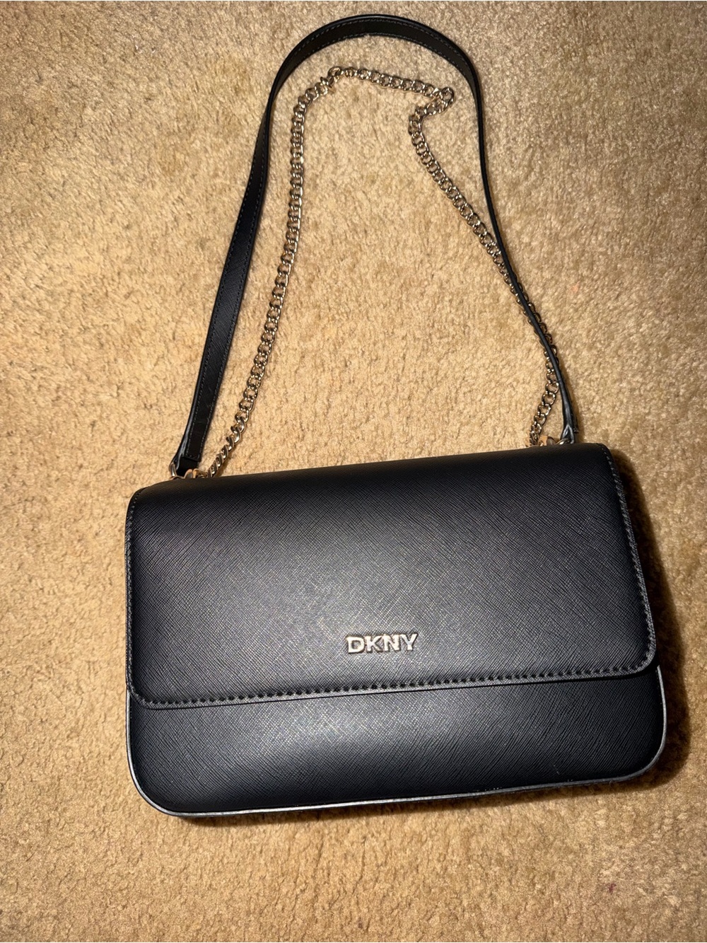 DKNY Black Leather Crossbody with Gold Chain-Accent Strap